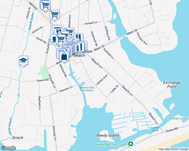 map of restaurants, bars, coffee shops, grocery stores, and more near 46 Library Avenue in Westhampton Beach