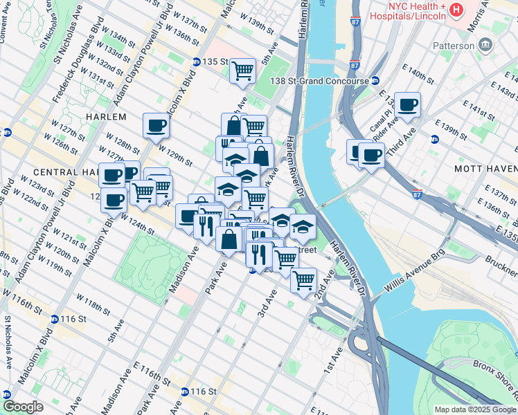 map of restaurants, bars, coffee shops, grocery stores, and more near 107 East 129th Street in New York