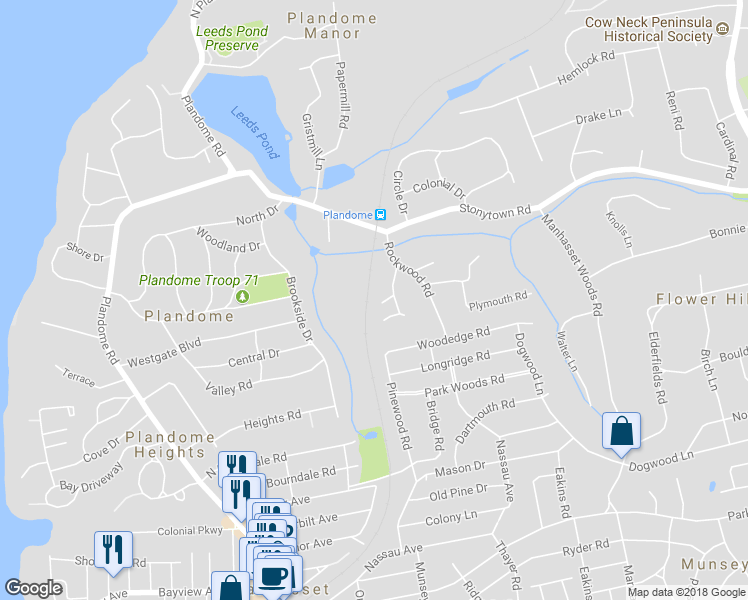 map of restaurants, bars, coffee shops, grocery stores, and more near 1 Peters Lane in Manhasset