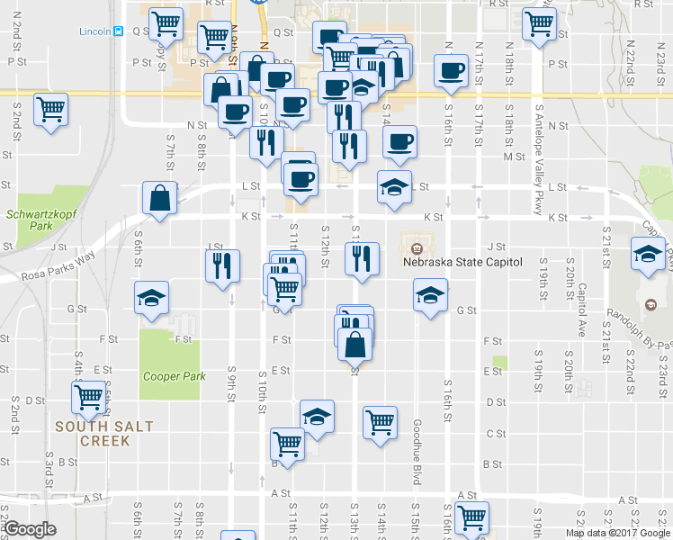 map of restaurants, bars, coffee shops, grocery stores, and more near 1216 H Street in Lincoln
