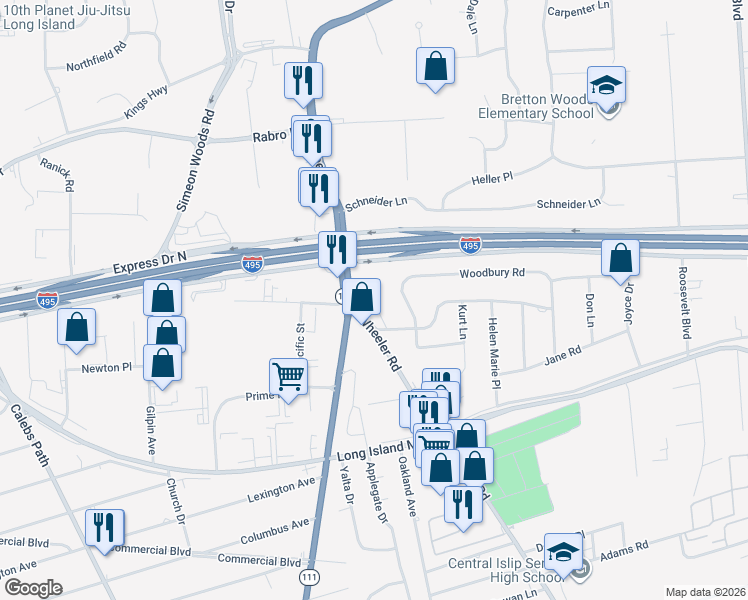map of restaurants, bars, coffee shops, grocery stores, and more near 23 Woodbury Road in Hauppauge