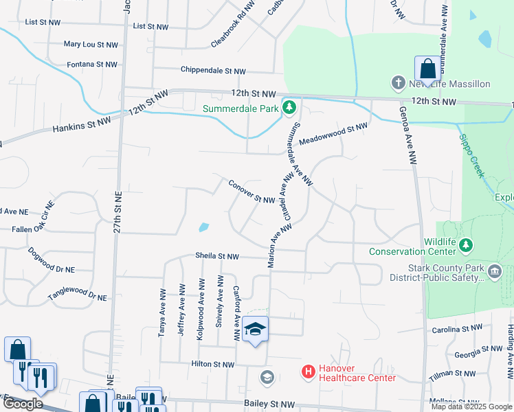 map of restaurants, bars, coffee shops, grocery stores, and more near 960 Colina Vista Avenue Northwest in Massillon