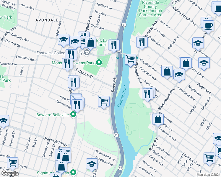 map of restaurants, bars, coffee shops, grocery stores, and more near 43 River Road in Nutley