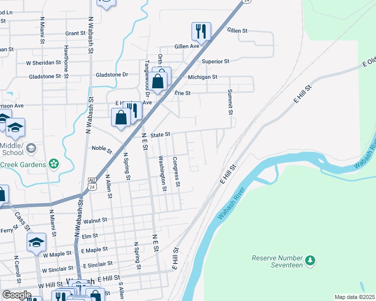 map of restaurants, bars, coffee shops, grocery stores, and more near 726 Centennial Street in Wabash