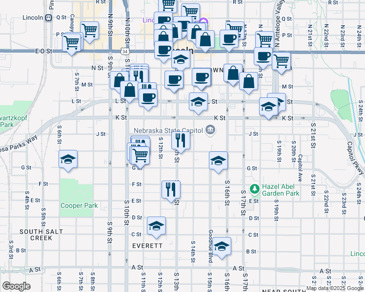 map of restaurants, bars, coffee shops, grocery stores, and more near 1312 H St in Lincoln