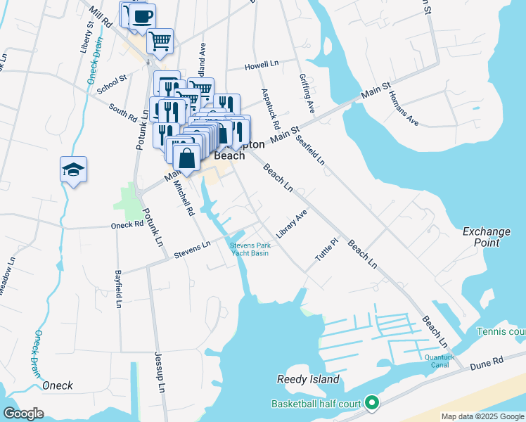 map of restaurants, bars, coffee shops, grocery stores, and more near 46 Library Avenue in Westhampton Beach