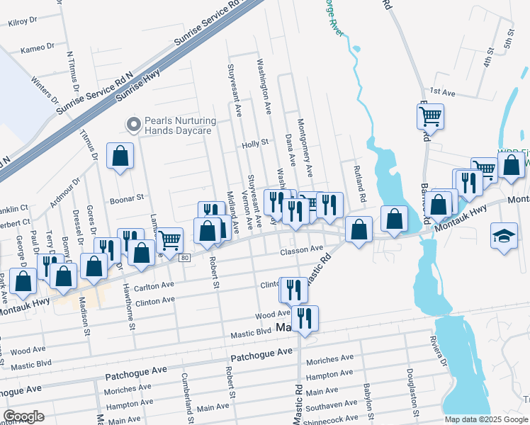 map of restaurants, bars, coffee shops, grocery stores, and more near 15 Stuyvesant Avenue in Mastic