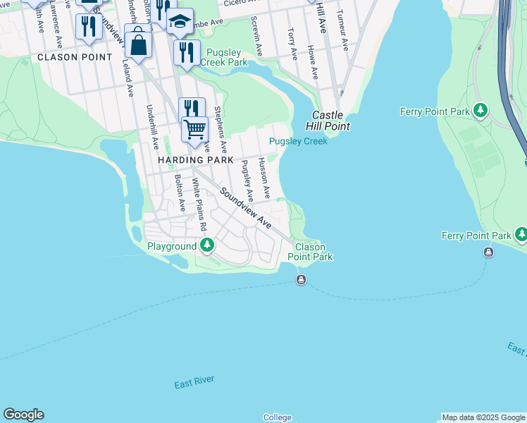 map of restaurants, bars, coffee shops, grocery stores, and more near 104 Cove Court in Bronx