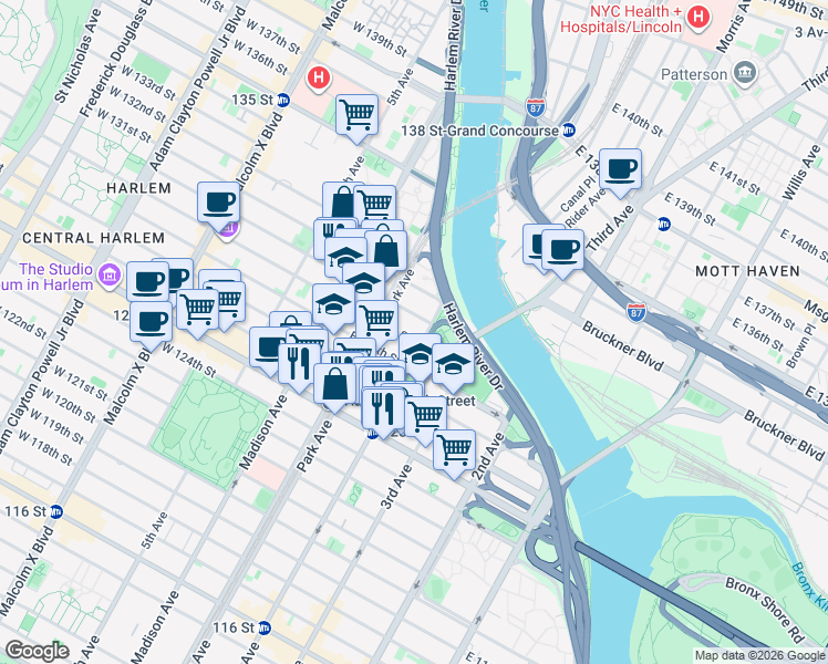 map of restaurants, bars, coffee shops, grocery stores, and more near 107 East 129th Street in New York