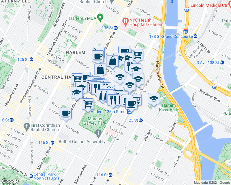 map of restaurants, bars, coffee shops, grocery stores, and more near 2 East 127th Street in New York