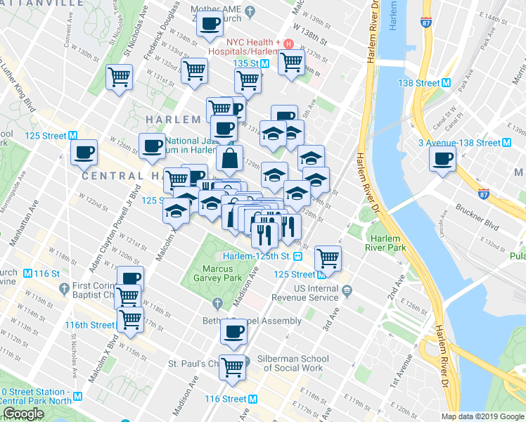 map of restaurants, bars, coffee shops, grocery stores, and more near 2 East 127th Street in New York