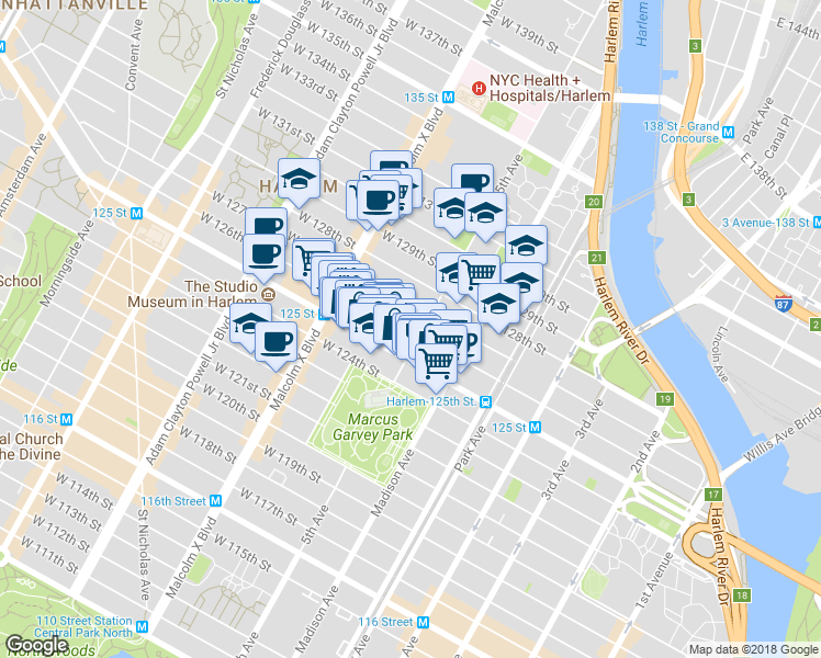 map of restaurants, bars, coffee shops, grocery stores, and more near 23 West 125th Street in New York