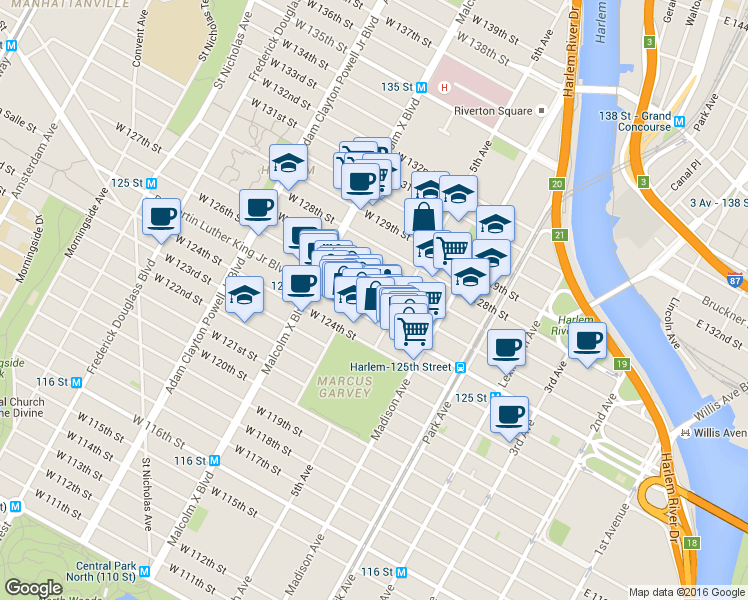 map of restaurants, bars, coffee shops, grocery stores, and more near 23 West 125th Street in New York