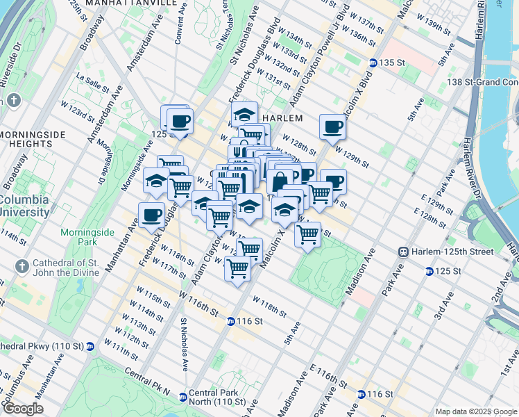 map of restaurants, bars, coffee shops, grocery stores, and more near 157 West 123rd Street in New York