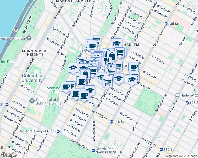 map of restaurants, bars, coffee shops, grocery stores, and more near 234 West 122nd Street in New York