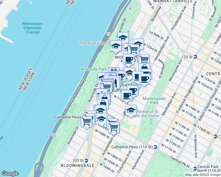 map of restaurants, bars, coffee shops, grocery stores, and more near 601 West 115th Street in New York