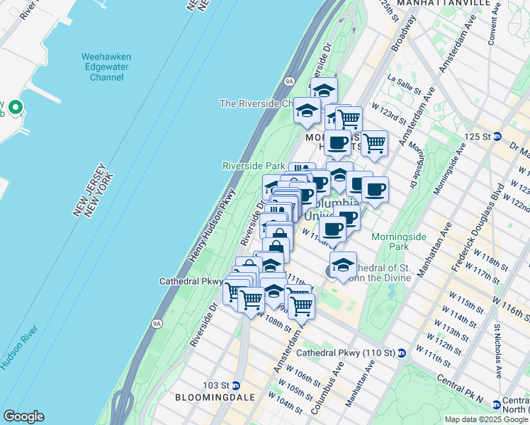 map of restaurants, bars, coffee shops, grocery stores, and more near 420 Riverside Drive in New York
