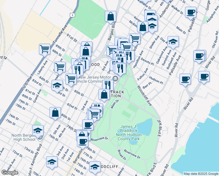 map of restaurants, bars, coffee shops, grocery stores, and more near in North Bergen