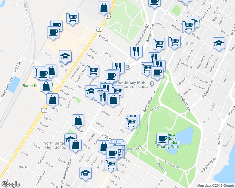 map of restaurants, bars, coffee shops, grocery stores, and more near 8607 4th Avenue in North Bergen