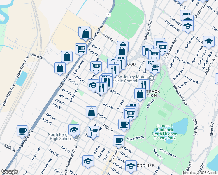 map of restaurants, bars, coffee shops, grocery stores, and more near in North Bergen