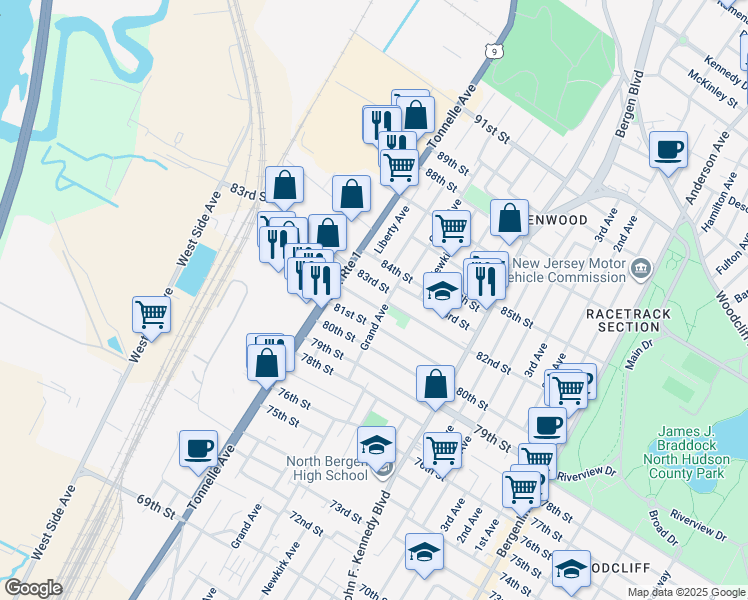 map of restaurants, bars, coffee shops, grocery stores, and more near 1604 82nd Street in North Bergen