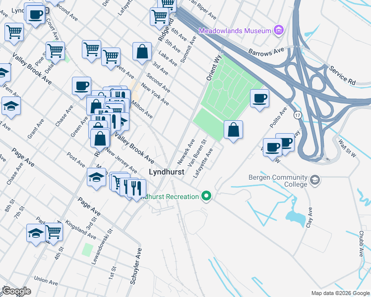 map of restaurants, bars, coffee shops, grocery stores, and more near 241 Newark Avenue in Lyndhurst