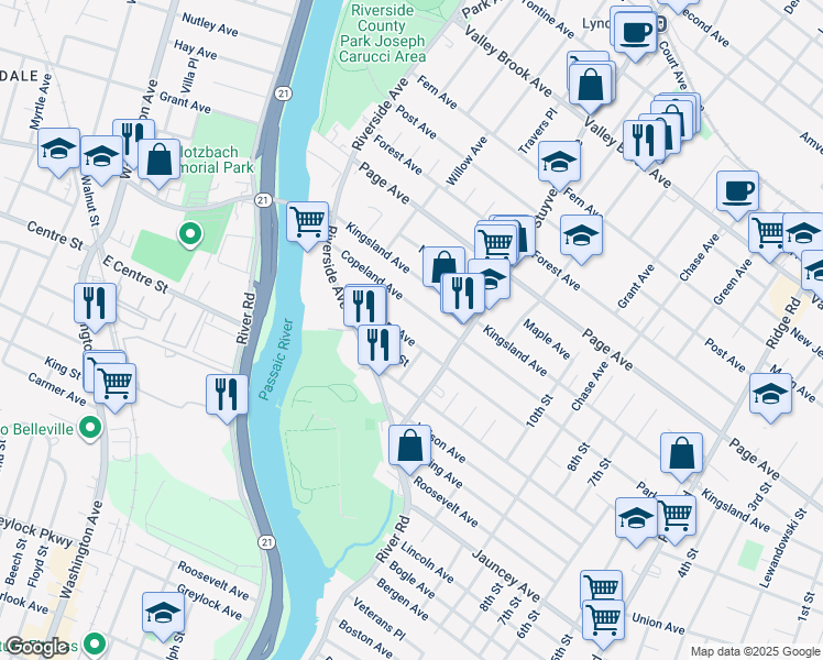 map of restaurants, bars, coffee shops, grocery stores, and more near 205 Sanford Avenue in Lyndhurst