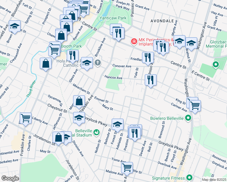 map of restaurants, bars, coffee shops, grocery stores, and more near 38 Jannarone Street in Belleville