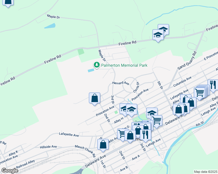 map of restaurants, bars, coffee shops, grocery stores, and more near 201-299 Harvard Ave in Palmerton