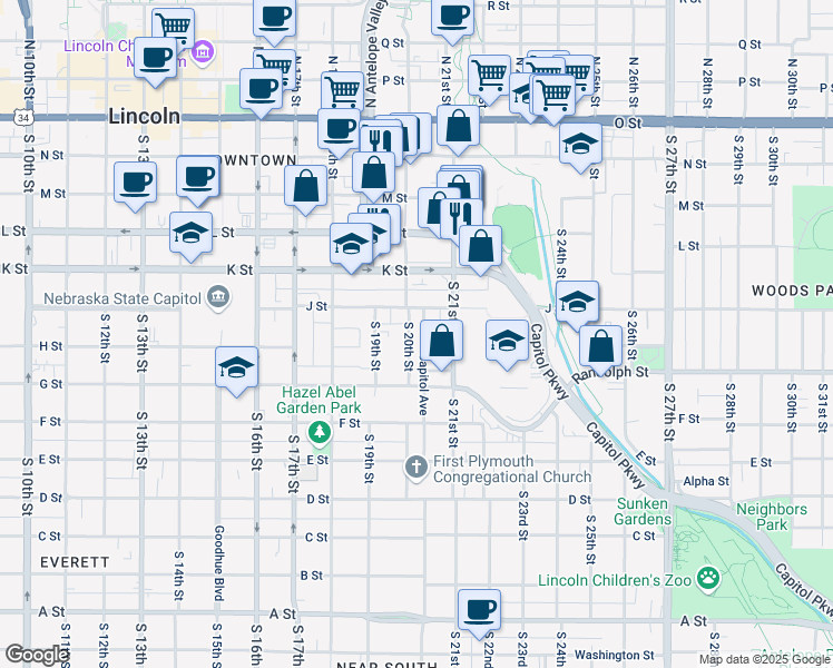 map of restaurants, bars, coffee shops, grocery stores, and more near 6 Capitol Avenue in Lincoln