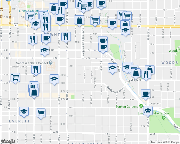 map of restaurants, bars, coffee shops, grocery stores, and more near 611 South 20th Street in Lincoln