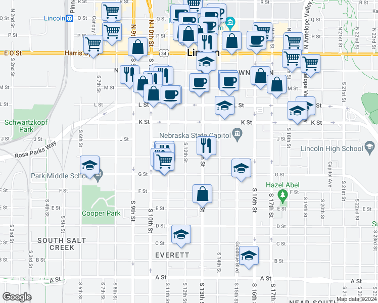 map of restaurants, bars, coffee shops, grocery stores, and more near 1216 H Street in Lincoln