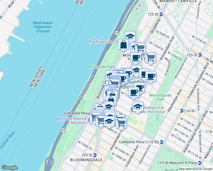 map of restaurants, bars, coffee shops, grocery stores, and more near 417 Riverside Drive in New York