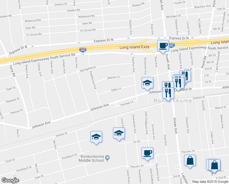 map of restaurants, bars, coffee shops, grocery stores, and more near 562 Elder Lane in Ronkonkoma