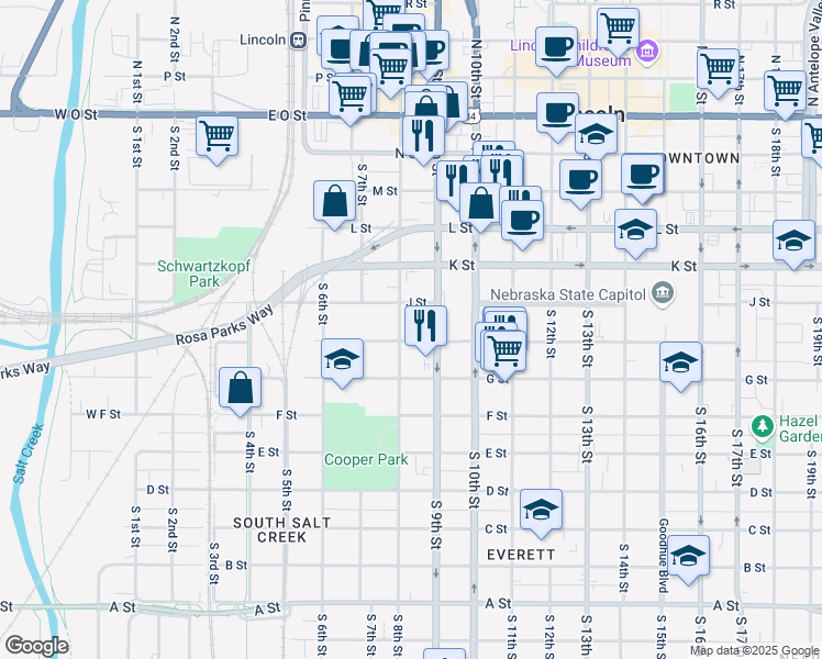 map of restaurants, bars, coffee shops, grocery stores, and more near 810 H Street in Lincoln