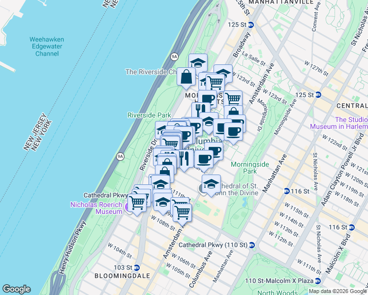 map of restaurants, bars, coffee shops, grocery stores, and more near Broadway & W 115th St in New York