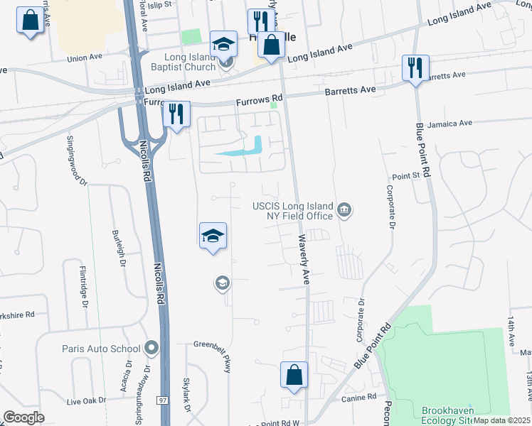 map of restaurants, bars, coffee shops, grocery stores, and more near 117 Storm Drive in Holtsville