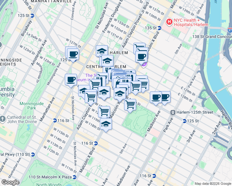 map of restaurants, bars, coffee shops, grocery stores, and more near 123 Adam Clayton Powell Junior Boulevard in New York