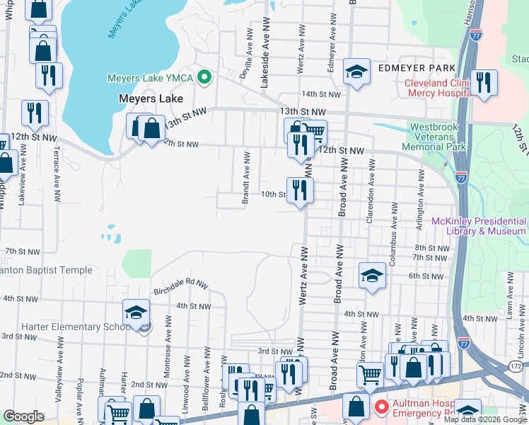 map of restaurants, bars, coffee shops, grocery stores, and more near 906 Brandt Avenue Northwest in Canton