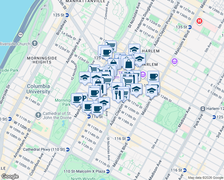 map of restaurants, bars, coffee shops, grocery stores, and more near 234 West 122nd Street in New York