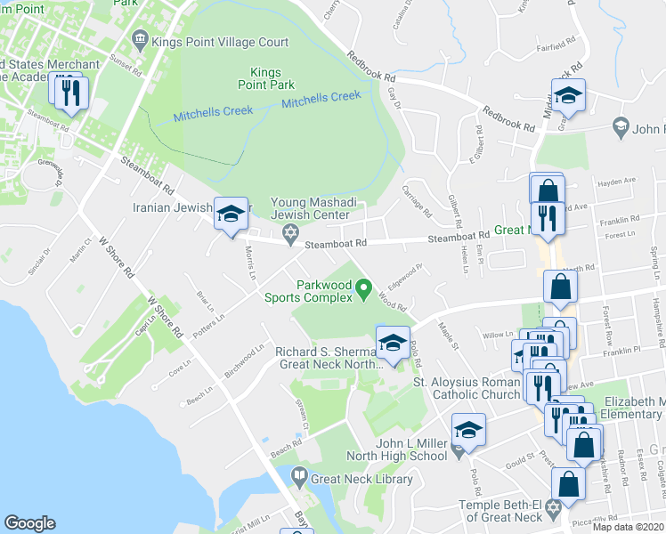 map of restaurants, bars, coffee shops, grocery stores, and more near 6 Florence Avenue in Great Neck