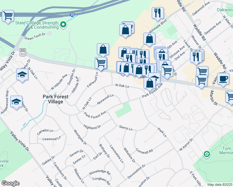 map of restaurants, bars, coffee shops, grocery stores, and more near 1921 Norwood Lane in State College
