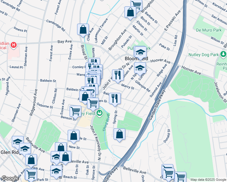 map of restaurants, bars, coffee shops, grocery stores, and more near 9 Beekman Street in Bloomfield