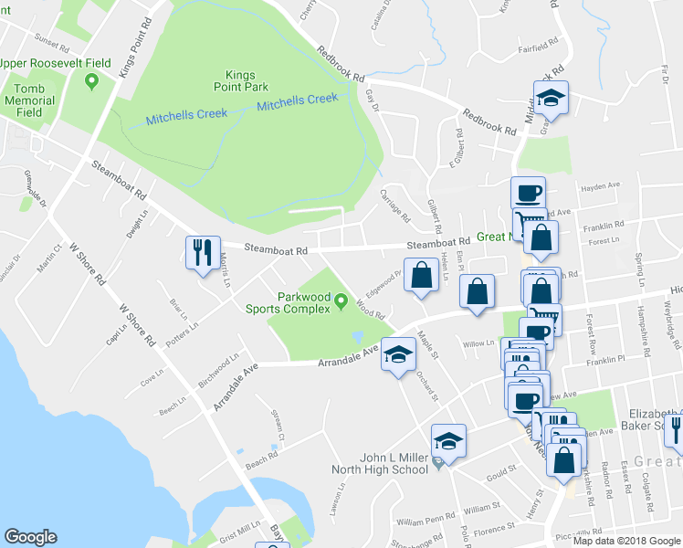 map of restaurants, bars, coffee shops, grocery stores, and more near 37 Wood Road in Great Neck