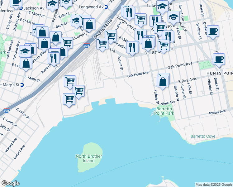 map of restaurants, bars, coffee shops, grocery stores, and more near 500 Oak Point Avenue in Bronx