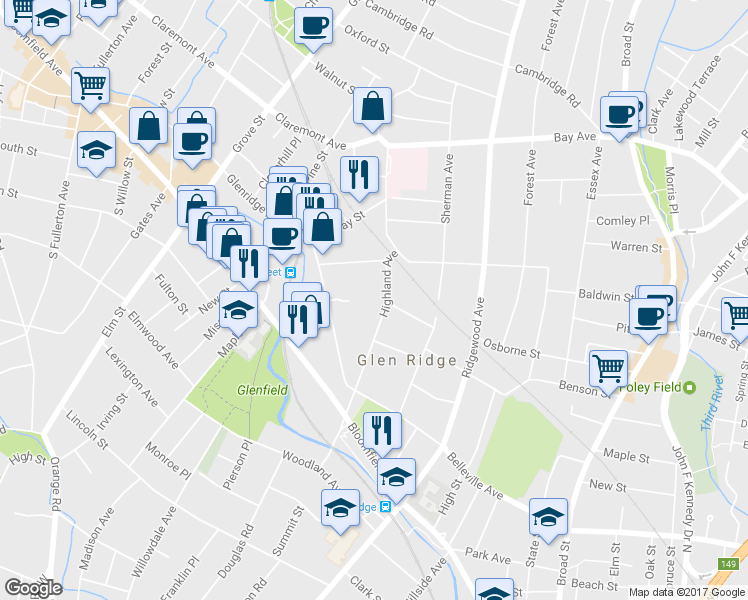 map of restaurants, bars, coffee shops, grocery stores, and more near 84 Highland Avenue in Glen Ridge