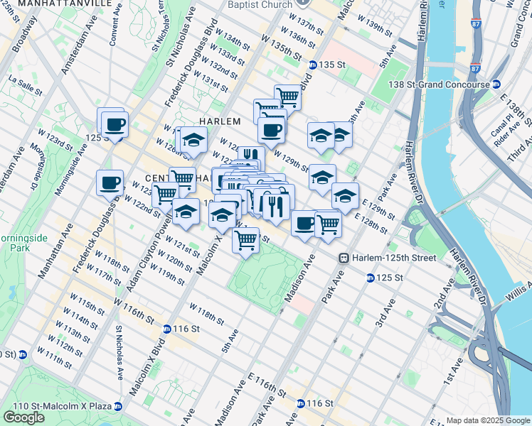 map of restaurants, bars, coffee shops, grocery stores, and more near 55 West 125th Street in New York