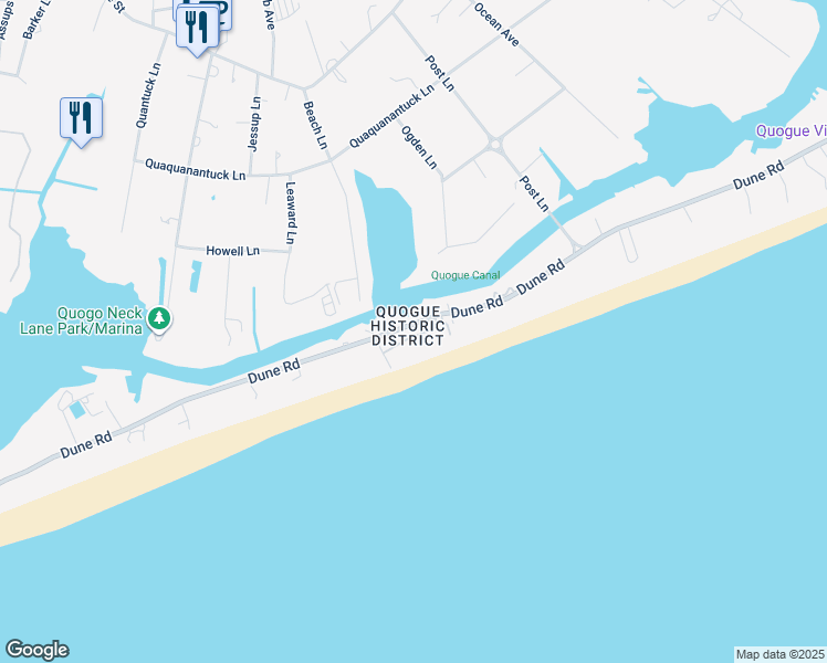 map of restaurants, bars, coffee shops, grocery stores, and more near 74A Dune Road in Quogue