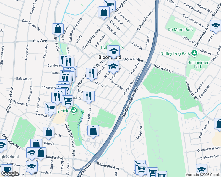map of restaurants, bars, coffee shops, grocery stores, and more near in Bloomfield