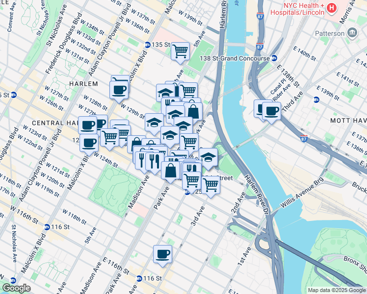 map of restaurants, bars, coffee shops, grocery stores, and more near 1886 Park Avenue in New York